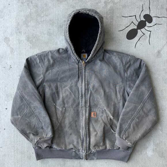 Vintage Y2K Carhartt J130 GVL gray hooded work wear jacket - Picture 1 of 9